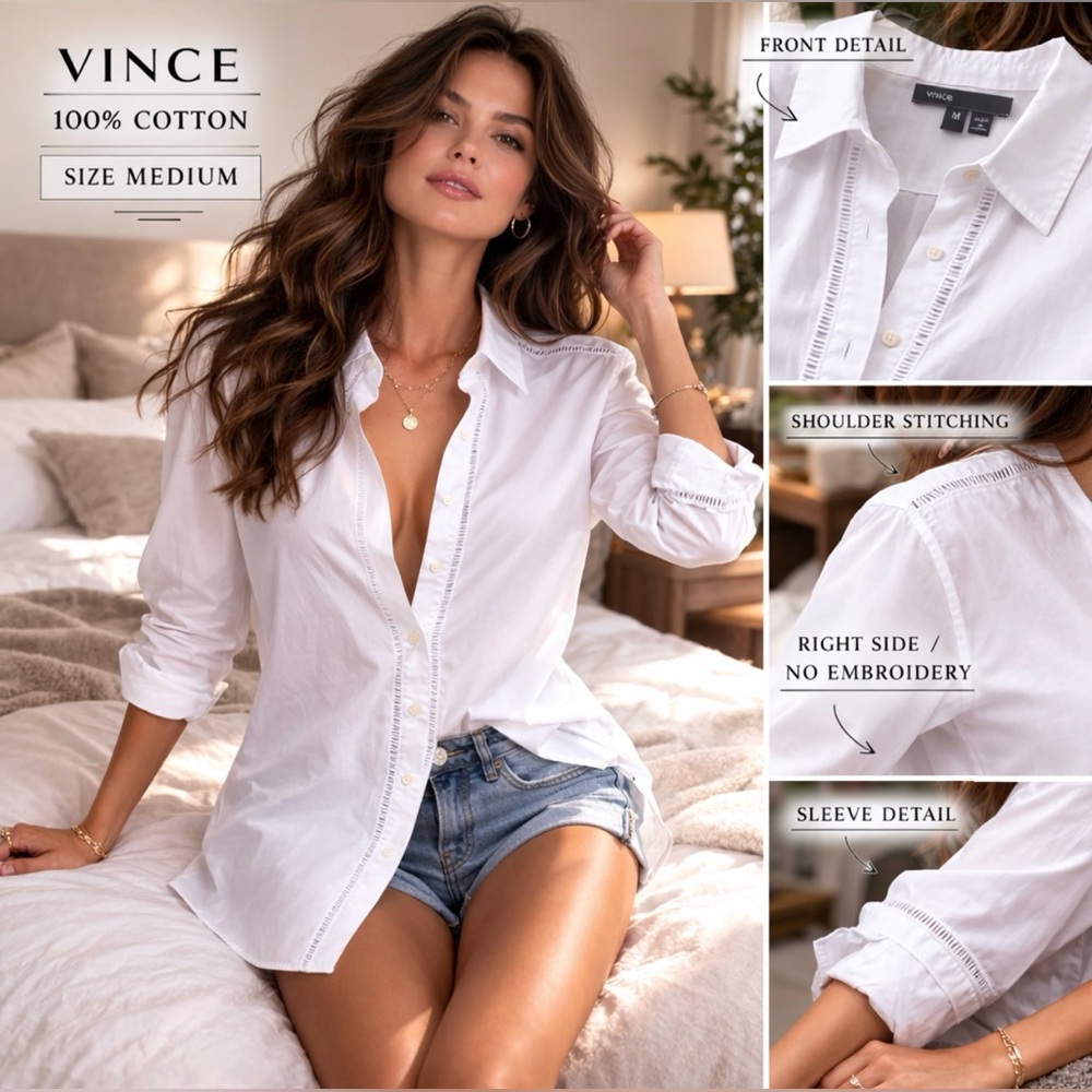 Vince White 100% Cotton Button Down Shirt Med Embroidered Trim Breathable Blouse - Picture 3 of 8